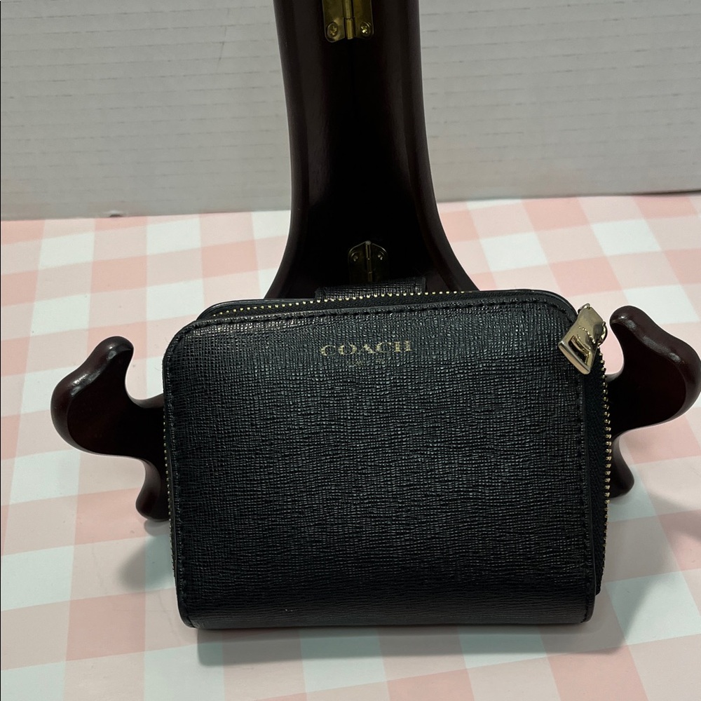 Coach Black Textured Wallet with Gold Zipper